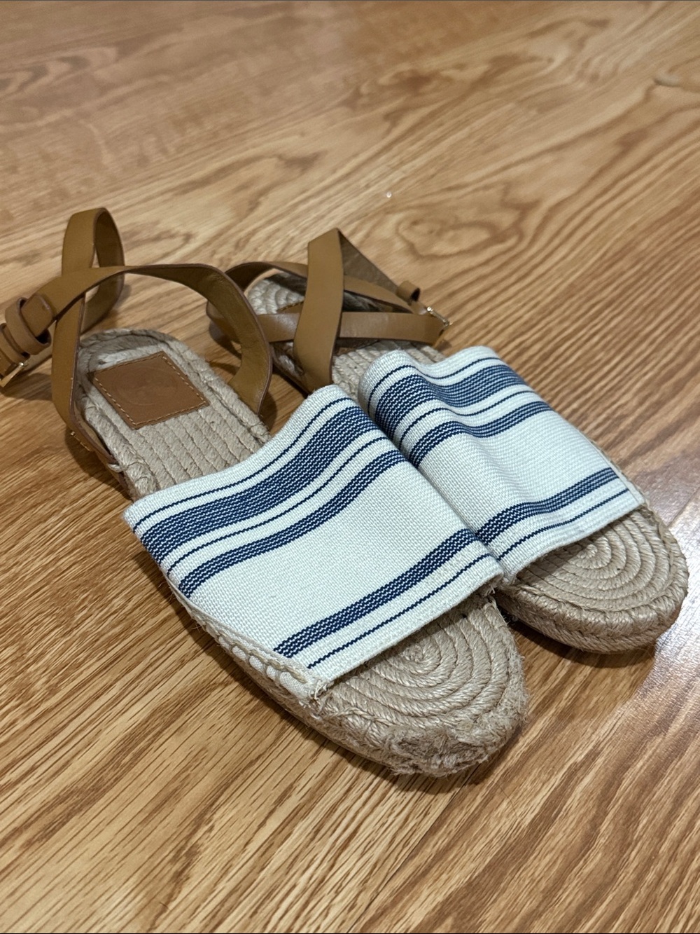 Tory Burch White & Navy Striped Espadrille Sandals with Tan Ankle Straps
